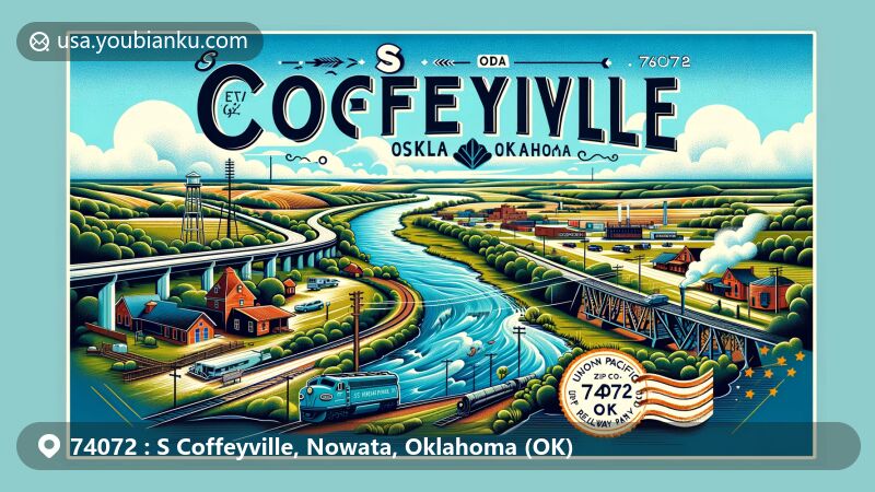 Modern illustration of S Coffeyville, Oklahoma, showcasing postal theme with ZIP code 74072, including decorative stamps and postmarks, Verdigris River, US Highway 169, and Union Pacific Railway train.