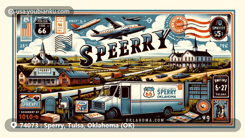 Modern illustration of Sperry, Oklahoma, showcasing postcard design with Route 66 Americana, postal elements like stamps and ZIP code 74073, featuring lush landscapes, mailbox, and mail van.