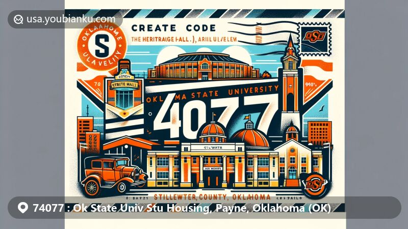 Modern illustration of Stillwater, Payne County, Oklahoma, showcasing postal theme with ZIP code 74077, featuring Heritage Hall Museum and National Wrestling Hall of Fame.