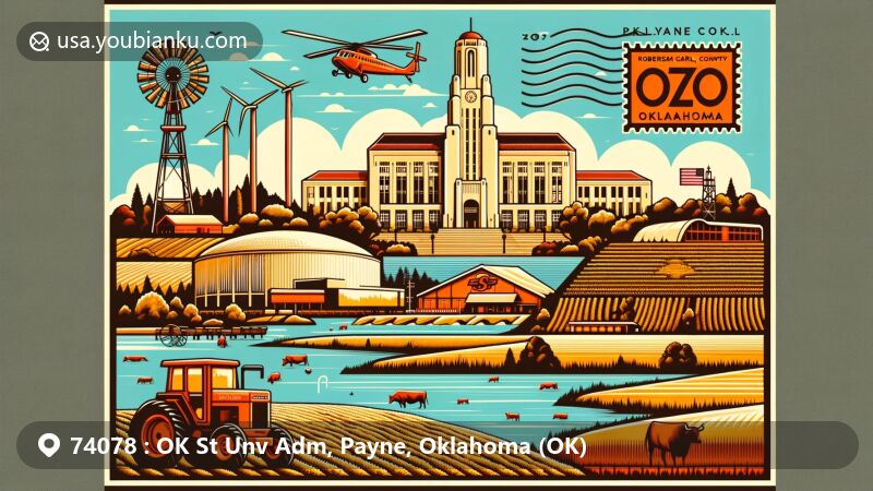 Modern illustration of Stillwater, Payne County, Oklahoma, capturing the essence of ZIP code 74078, highlighting Oklahoma State University and agricultural heritage.