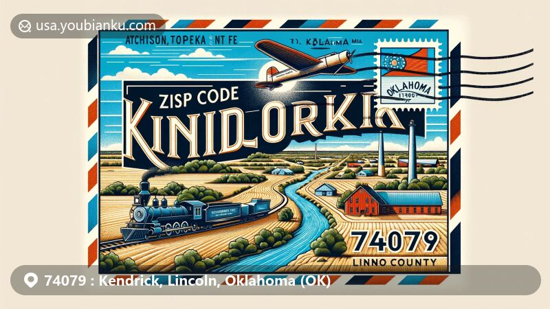 Modern illustration of Kendrick, Oklahoma, representing ZIP Code 74079, with Lincoln County outline, Oklahoma state flag, and Atchison, Topeka and Santa Fe Railway, featuring Ranch Creek and postal elements.