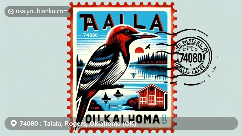 Modern illustration of Talala, Rogers County, Oklahoma, highlighting postal theme with ZIP code 74080, featuring red-headed woodpecker and Oologah Lake.