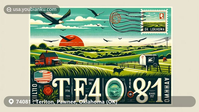 Modern illustration of Terlton, Pawnee County, Oklahoma, showcasing postal theme with ZIP code 74081, featuring countryside charm with rolling hills, lush greenery, and wildlife.