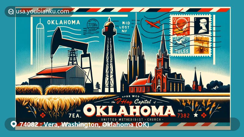 Modern illustration of Vera, Oklahoma, emphasizing its agricultural heritage as the 'Hay Capital of the World', showcasing farming landscapes with hay barns and a grain elevator, alongside iconic symbols like the Golden Driller statue and Tulsa's Boston Avenue United Methodist Church.