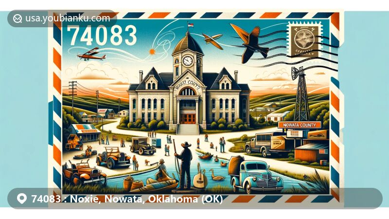 Modern illustration of Noxie, Nowata, Oklahoma, showcasing Nowata County Courthouse, lush landscapes, outdoor recreational activities, annual events like Nowata Country Jubilee, and a nod to the area's oil and gas heritage, all within a vintage air mail envelope highlighting ZIP code 74083.
