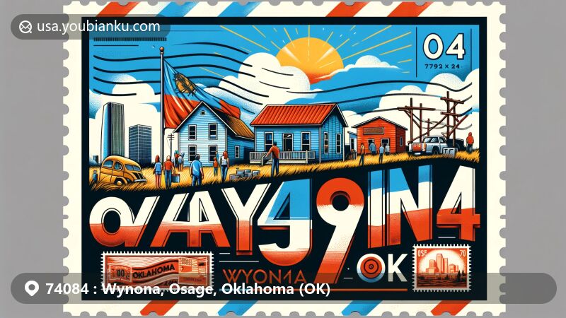 Modern illustration of Wynona, Osage County, Oklahoma, featuring community resilience and postal theme with ZIP code 74084, set against the backdrop of the Oklahoma state flag.