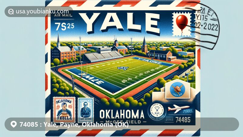 Creative illustration of Yale, Oklahoma, showcasing McGee Football Field and honoring Jim Thorpe, set in a vintage air mail envelope with postal theme and zipcode 74085.