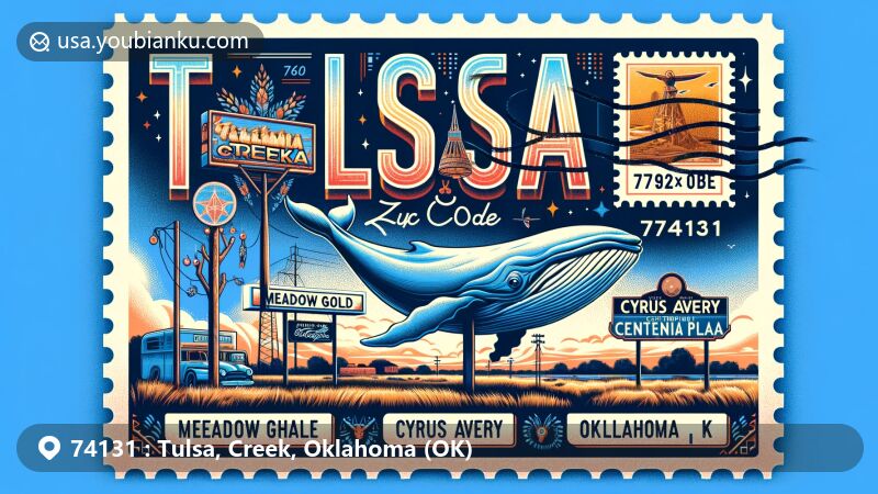 Modern illustration of Tulsa, Creek, Oklahoma, highlighting Route 66 landmark with Creek Indian cultural elements, featuring 74131 ZIP code postcard design.