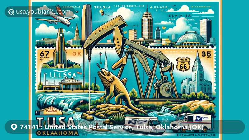Modern illustration of Tulsa, Oklahoma, featuring Golden Driller statue and Route 66 elements, with Tulsa skyline, Blue Whale of Catoosa, Meadow Gold Neon Sign, and Arkansas River for outdoor activities.