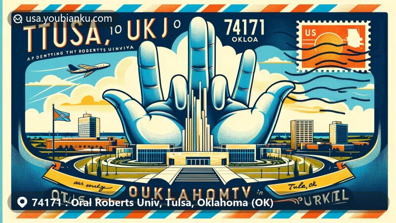 Modern illustration of Oral Roberts University, Tulsa, Oklahoma, showcasing iconic praying hands sculpture and vibrant postal theme with ZIP code 74171, featuring state flag and Tulsa County outline.