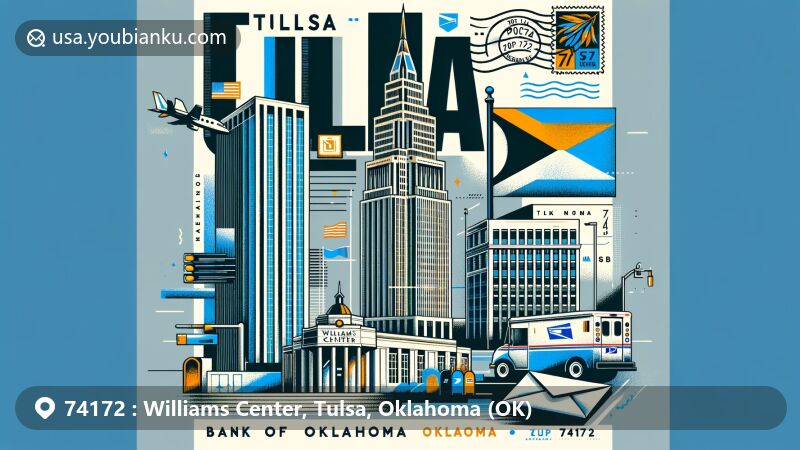 Modern illustration of Williams Center area in Tulsa, Oklahoma, highlighting ZIP code 74172, featuring Bank of Oklahoma Tower and Oklahoma state flag.