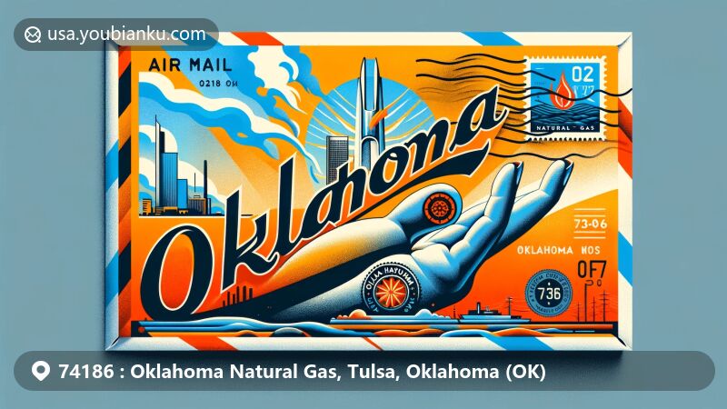 Modern illustration of Tulsa, Oklahoma postal theme with ZIP code 74186, featuring Praying Hands sculpture and Oklahoma Natural Gas elements.