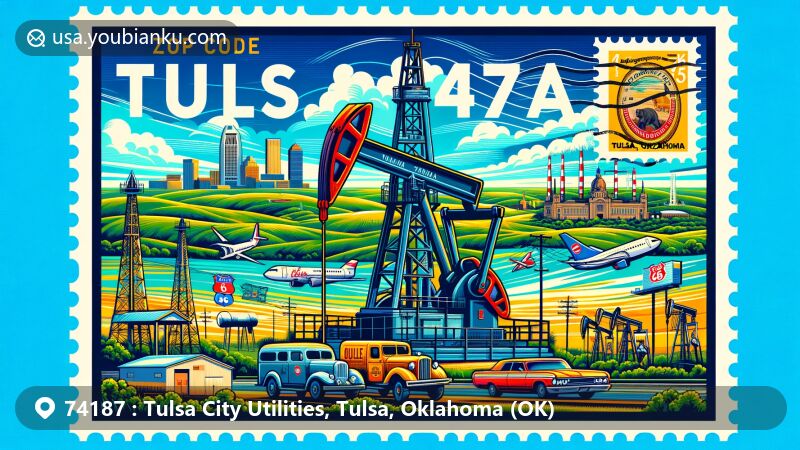 Modern illustration of Tulsa, Oklahoma, with ZIP code 74187, featuring Golden Driller, Route 66, and scenic Arkansas River, blending urban landmarks with natural beauty.
