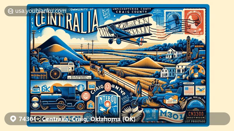 Creative illustration of Centralia, Craig County, Oklahoma, with ZIP code 74301, featuring Blue Mound, Potato Hill, Leforce, and Notch Mounds against a vibrant backdrop.