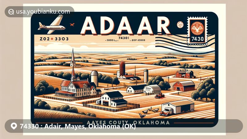 Modern illustration of Adair, Oklahoma, highlighting agricultural heritage and postal theme with ZIP code 74330, set against scenic northeastern Oklahoma landscape.