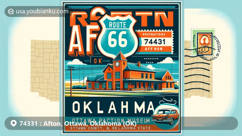 Vintage-style illustration of Route 66 passing through Afton, Oklahoma, featuring Afton Station Packard Museum and a postal theme with ZIP code 74331.