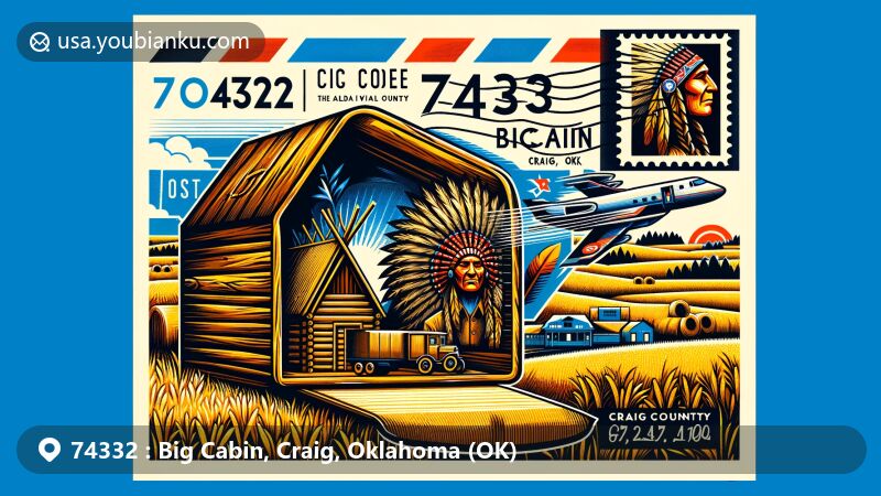 Modern illustration of Big Cabin, Craig County, Oklahoma, with a postal theme of ZIP code 74332. Depicts a stylized airmail envelope unveiling a wooden cabin, Indigenous warrior statue, and hay bales in scenic Oklahoma farmland.