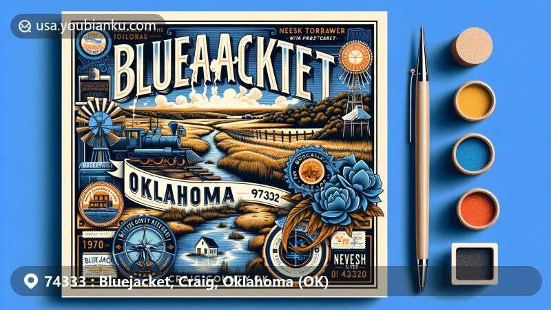 Modern illustration of Bluejacket, Oklahoma, combining historical, cultural, and natural aspects in the style of a postcard, featuring railway history, 1930s tornado impact, Craig County prairies, Neosho River tributaries, agricultural and mining symbols, and postcard elements with 'Bluejacket, OK 74333' inscription.