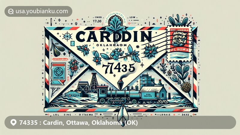 Unique interpretation of Cardin, Ottawa, Oklahoma, with ZIP code 74335, featuring mining history, environmental impact, and state symbols.