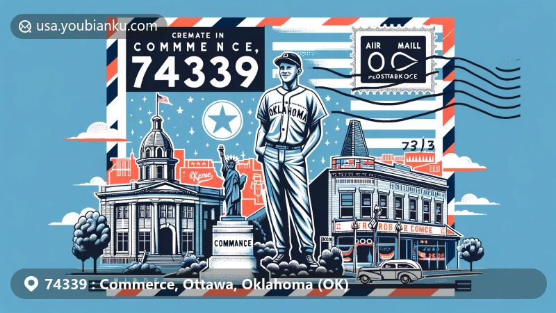 Modern illustration of Commerce, Ottawa, Oklahoma, showcasing postal theme with ZIP code 74339, featuring Mickey Mantle statue, his childhood home, and Route 66 elements, with Oklahoma state flag in the backdrop.