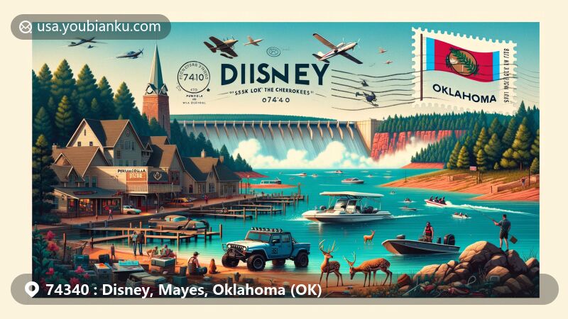 Modern illustration of Disney Town in Mayes County, Oklahoma, known as 'Disney Island' on the banks of Grand Lake o' the Cherokees, showcasing Pensacola Dam, friendly 'island deer' interaction, lively outdoor activities like rock climbing and boating. Emphasizing town's charm with outdoor shops and cozy cabins in the foreground, set against stunning natural scenery and water activities. Postal theme incorporated with '74340' ZIP code, postmark, and stylized outdoor gear and vehicles. Oklahoma state flag subtly waving, representing state identity. Celebrating Disney's unique outdoor lifestyle and postal heritage.