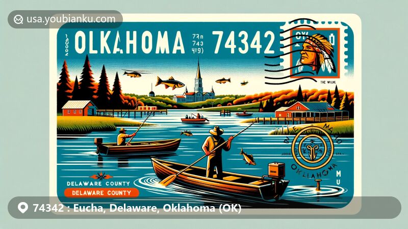 Modern illustration of Eucha Lake, Delaware County, Oklahoma, showcasing Cherokee heritage with fishermen in boats using tridents to spear fish, set in a postcard or air mail envelope design featuring ZIP code 74342.