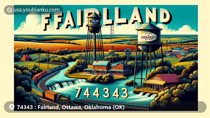 Modern illustration of Fairland, Oklahoma, showcasing agricultural heritage, St. Louis and San Francisco Railway history, and Cherokee Nation significance, featuring city water tower, railway symbols, and Cherokee cultural elements.