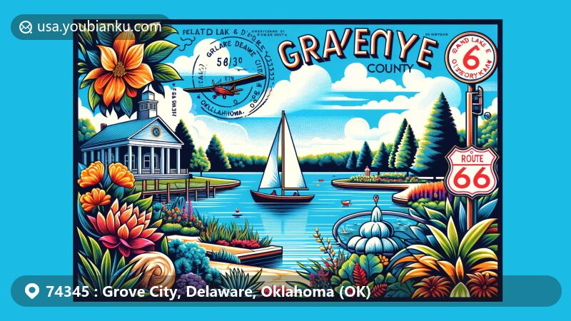 Modern illustration of Lendenwood Gardens, Grand Lake o' the Cherokees, and Grove City in Delaware County, Oklahoma, featuring vibrant postcard design with airmail border, local flora, sailboat on the lake, and Route 66 sign.