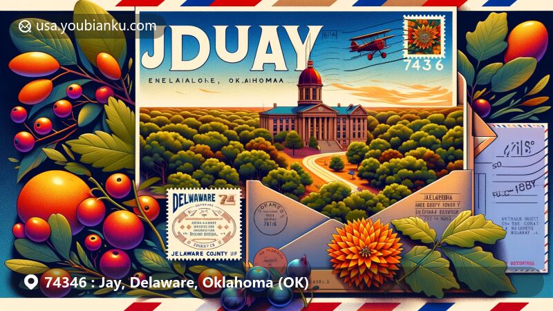 Modern illustration of Jay, Oklahoma, highlighting 74346 ZIP code area with vintage air mail envelope opening to postcard scene, showcasing Delaware County Courthouse, oak forests, hickory trees, Huckleberry Festival, Cherokee heritage, and Oklahoma stamp.