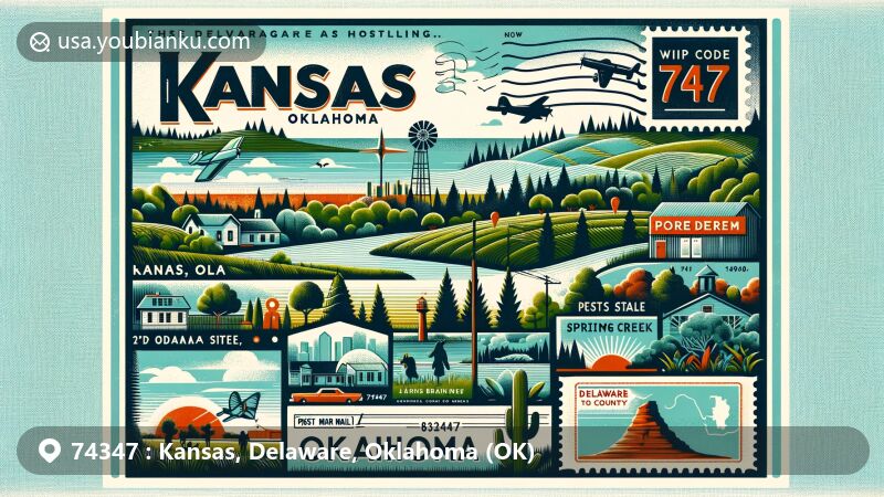 Modern illustration of Kansas, Oklahoma, with ZIP code 74347, featuring nature, local businesses like Born Again Pews, vintage air mail envelope, and postal elements.