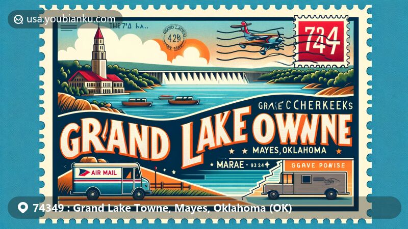 Modern illustration of Grand Lake Towne, Mayes, Oklahoma, highlighting postal theme with ZIP code 74349, featuring Grand Lake O’ Cherokees and Pensacola Dam.