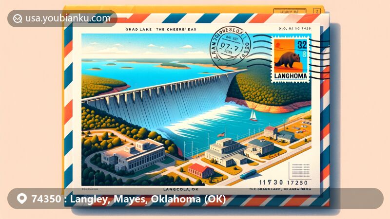 Modern illustration of Langley, Mayes County, Oklahoma, with ZIP code 74350, displaying postcard in airmail envelope, stamp, and postmark, featuring Pensacola Dam and Grand Lake o' the Cherokees.