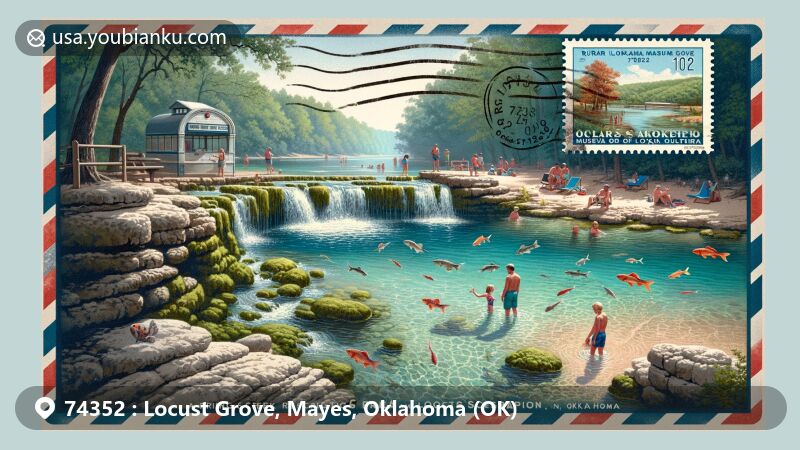 Modern illustration of Spring Creek Recreation Area in Locust Grove, Oklahoma, featuring the Ozark Stream with crystal-clear water, mossy waterfall, colorful fish, visitors swimming and snorkeling. Depicts surrounding forest, rock formations, and postal elements like vintage airmail envelope, stamps of Rural Oklahoma Museum of Poetry and Willard Stone Museum, postmark with ZIP code 74352.