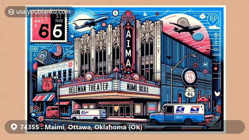 Modern illustration of Miami, Ottawa County, Oklahoma, showcasing postal theme with ZIP code 74355, featuring the Coleman Theatre and Route 66 elements.