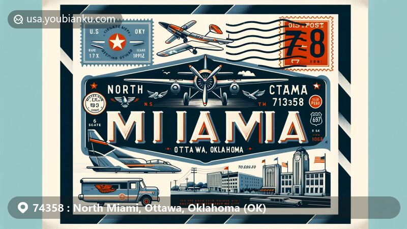 Modern illustration of North Miami, Ottawa, Oklahoma, highlighting postal theme with ZIP code 74358, featuring state symbols, Ottawa County outline, and historic Coleman Theatre.