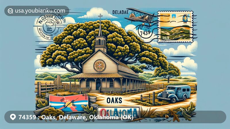 Modern illustration of Oaks, Oklahoma, featuring Oaks Indian Mission, oak trees, vintage air mail envelope, ZIP code 74359, and Oklahoma state flag.