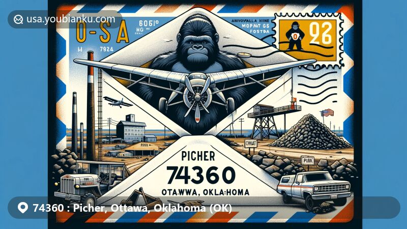 Modern illustration of Picher, Ottawa, Oklahoma, showcasing aviation-themed envelope with Gorilla statue, chat piles, mine entrance, and Oklahoma state flag, symbolizing rich history, environmental challenges, and ghost town status.