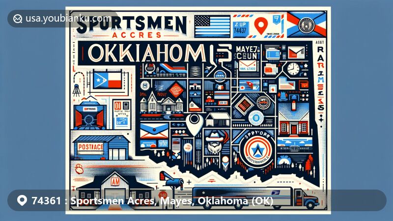 Modern illustration of Sportsmen Acres, Mayes County, Oklahoma, capturing postal theme with ZIP code 74361, incorporating symbols of Oklahoma like the state flag and Mayes County map, alongside artworks of Sportsmen Acres.