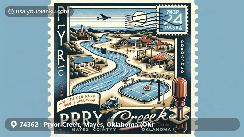 Modern illustration of Pryor Creek, Mayes County, Oklahoma, with a postcard layout highlighting Whitaker Park, Lake Hudson, and Grand Lake O’ the Cherokees, featuring Oklahoma's outline, vintage stamp, postal mark, and ZIP code 74362.