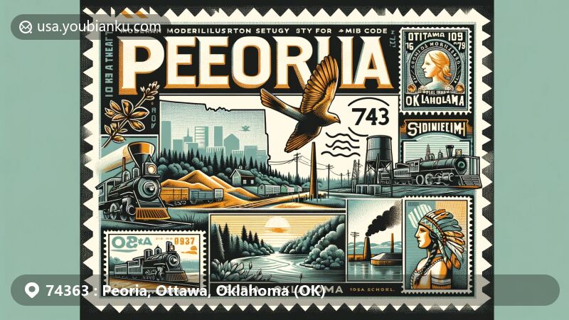 Modern illustration of Peoria, Oklahoma, incorporating mining heritage, Native American history, and postal motifs, with a stylized air mail envelope, vintage stamps, and ZIP code 74363.