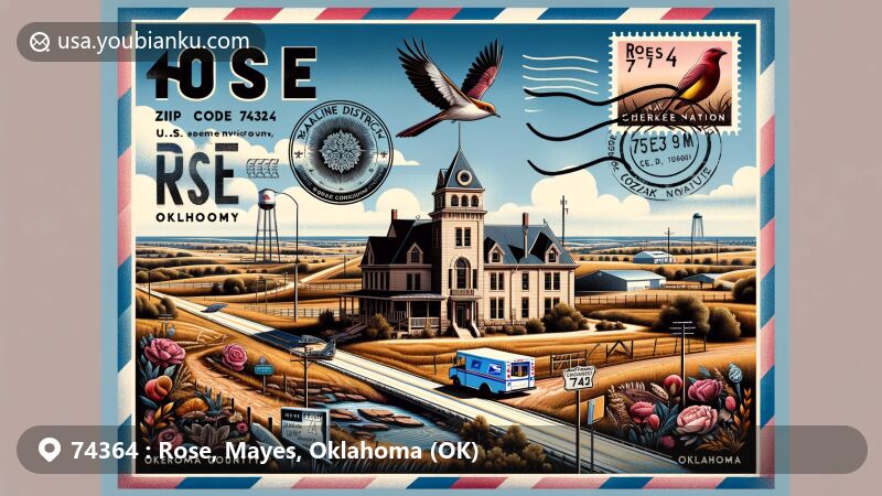 Modern illustration of Rose, Mayes County, Oklahoma, highlighting Saline District Courthouse and U.S. Highway 412, with airmail envelope design featuring ZIP code 74364, Oklahoma state bird Scissor-tailed Flycatcher, and Rose postmark.