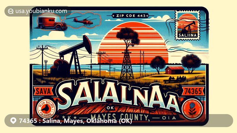 Modern illustration of Salina, Mayes County, Oklahoma, featuring Lake Hudson at sunset, showcasing natural beauty and historical elements like salt kettle, oil derrick, and Osage tree, with vintage postcard design highlighting ZIP code 74365.