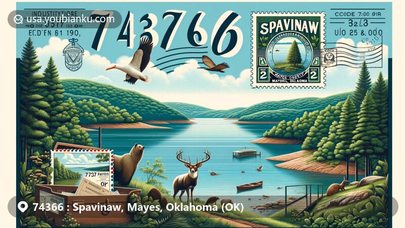现代插图，展示印第安纳州克劳福德县的霍顿镇，突出了以邮政主题为特色的ZIP码47140，包括马伦戈洞穴和印第安纳州象征