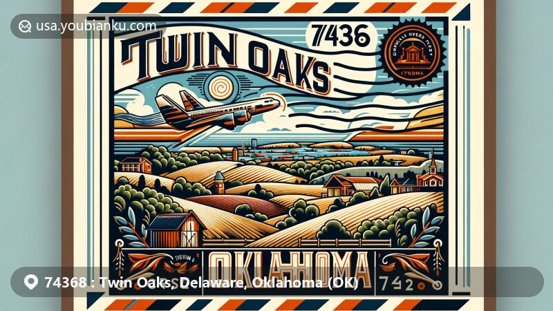 Modern illustration of Twin Oaks, Oklahoma, showcasing vibrant community, rural charm, and close-knit atmosphere, highlighting natural beauty with rolling hills and vast plains, featuring retro airmail envelope background, postage stamp with Oklahoma state outline, and 'Twin Oaks, OK 74368' postmark.