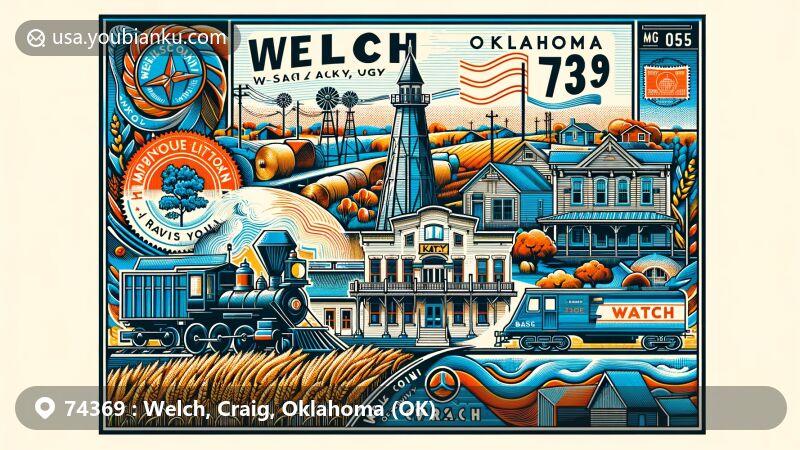 Creative modern illustration of Welch, Oklahoma, ZIP code 74369, featuring vintage postcard design highlighting town's history, including Missouri, Kansas, and Texas Railway (Katy), agricultural motifs, and Welch State Bank symbol. Stylized map of Craig County includes Oklahoma state flag stamp with ZIP code and town name.