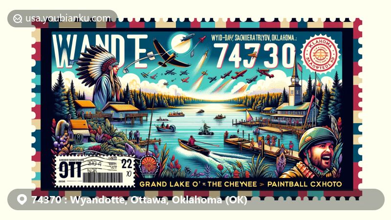 Modern illustration of Wyandotte, Ottawa County, Oklahoma, emphasizing ZIP code 74370, featuring Grand Lake o' the Cherokees, annual Oklahoma D-Day scenario paintball game, and Eastern Shawnee Tribe cultural symbols.