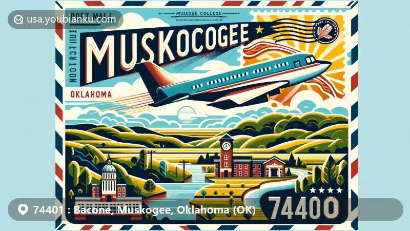 Modern illustration of Muskogee, Oklahoma, ZIP code 74401, featuring Bacone College, Arkansas River, and postal theme.