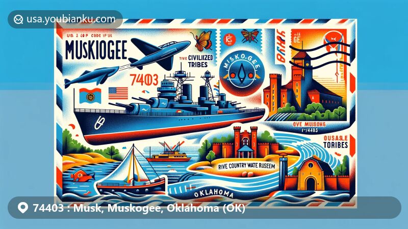 Modern illustration of Muskogee, Oklahoma, with a postal theme showcasing landmarks like USS Batfish, Five Civilized Tribes Museum, River Country Water Park, and the Castle of Muskogee, integrating local history and cultural heritage with a colorful and engaging design.