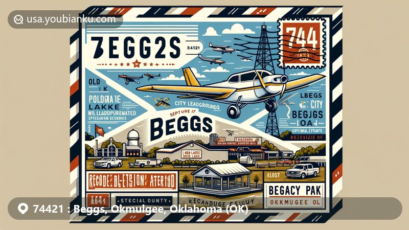 Modern illustration of Beggs, Oklahoma's 74421 ZIP code area in Okmulgee County, featuring postal theme with aviation envelope and key town features like Old Beggs Lake, New Beggs Lake, Legacy Park, and Beggs Fairgrounds, incorporating oil boom imagery, Oklahoma state flag, and Okmulgee County outline.