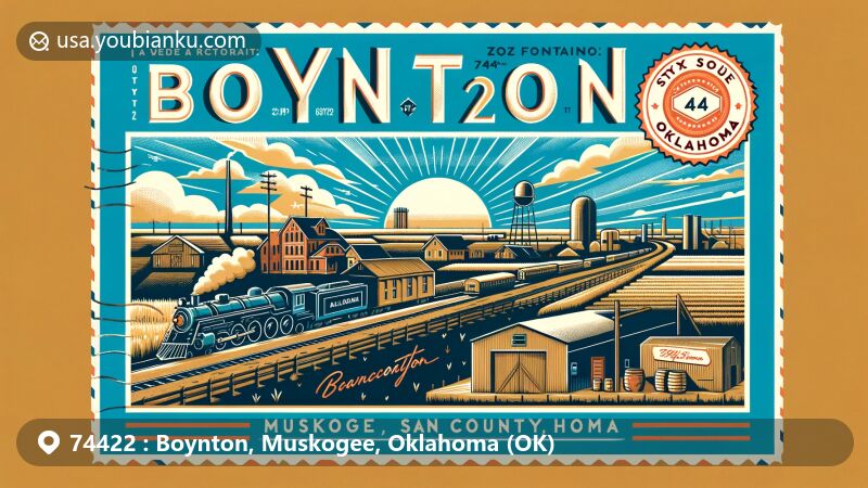 Modern illustration of Boynton, Muskogee County, Oklahoma, showcasing unique elements like historical importance of Saint Louis-San Francisco Railway, agricultural background, and Oklahoma state symbols, designed in retro style with postal theme featuring ZIP code 74422.